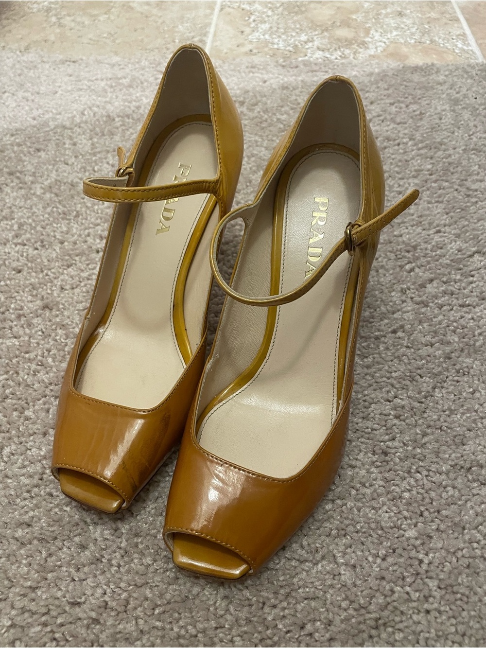 Prada Yellow-Brown Patent Leather Mary Jane Peep-Toe Pumps